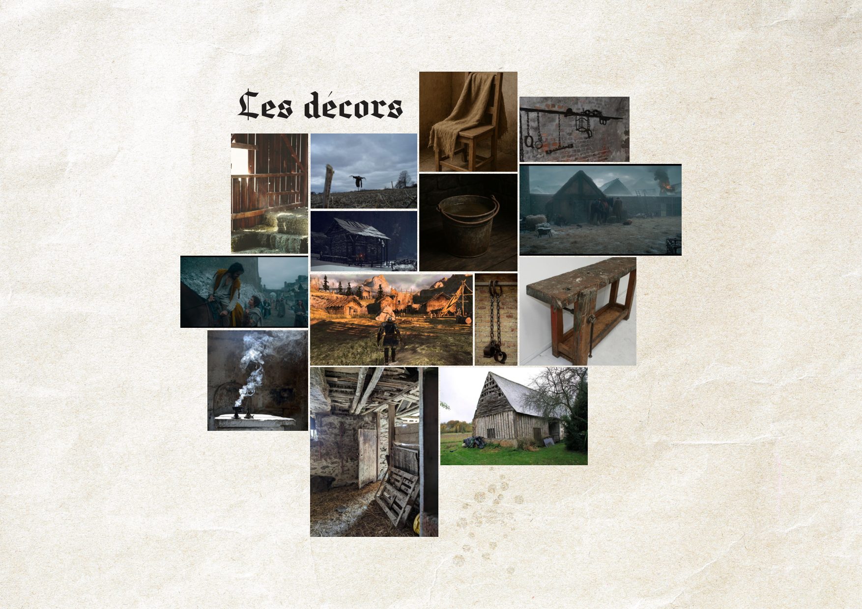 Planche décors : atelier, établi, seau, chaînes, grange