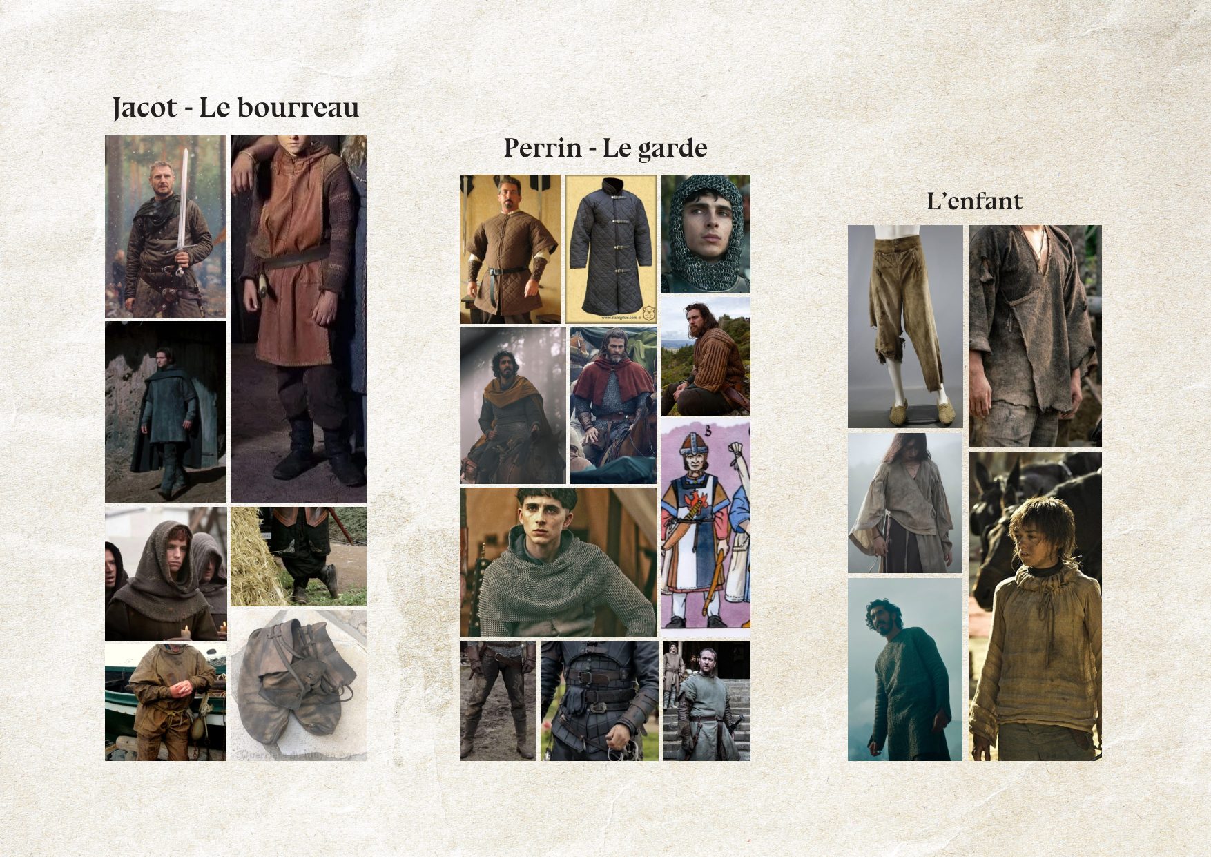 Planche costumes : Jacot le bourreau, Perrin le garde, l'enfant