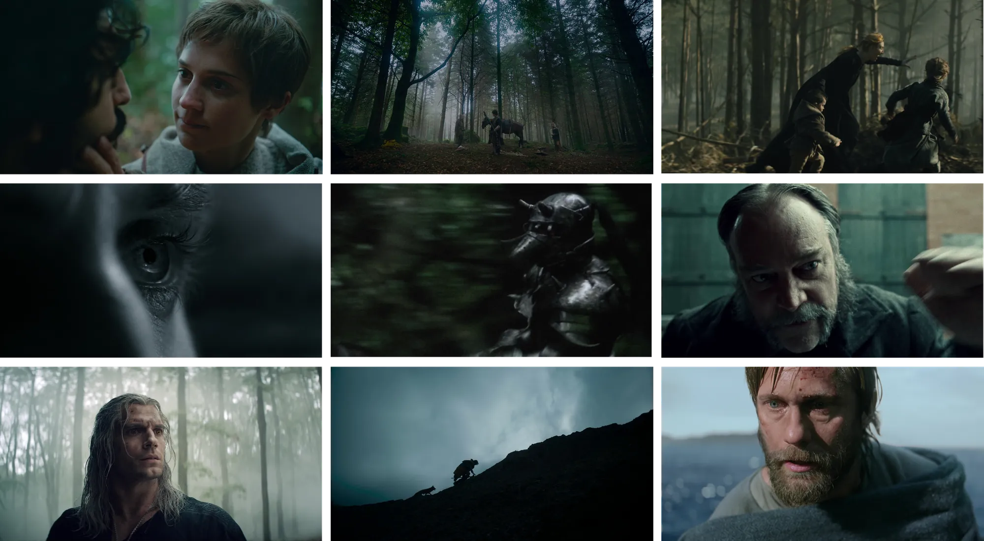 Moodboard extérieur : forêts froides, visages en gros plan, lumière hivernale